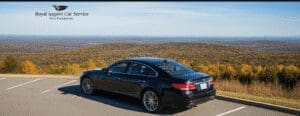 ROYAL AIRPORT CAR SERVICE BLACK CAR IN FRONT OF THE WHITE MOUNTAINS IN NH