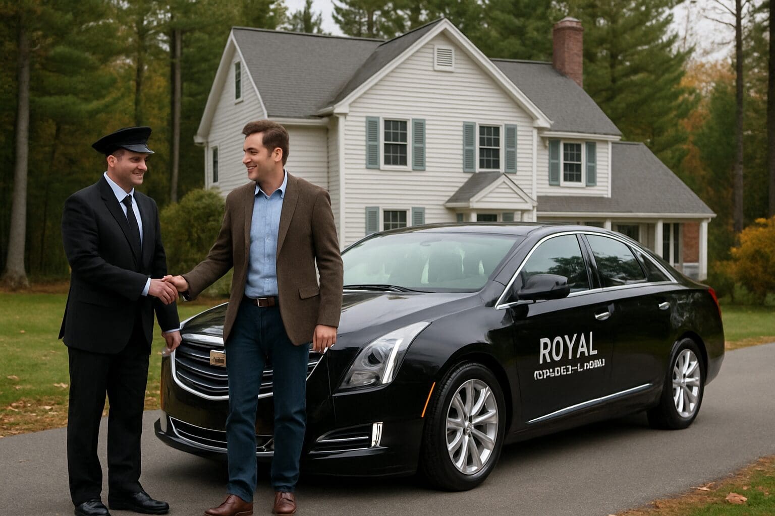 A royal airport service driver picking up a passenger at home - royal airport car service - nh - best rates for airport transfers Driver and passenger Royal Airport Car Service