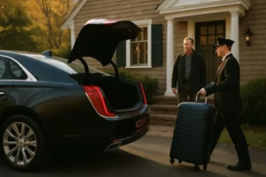 Driver helping passenger with luggage Royal Airport Service
