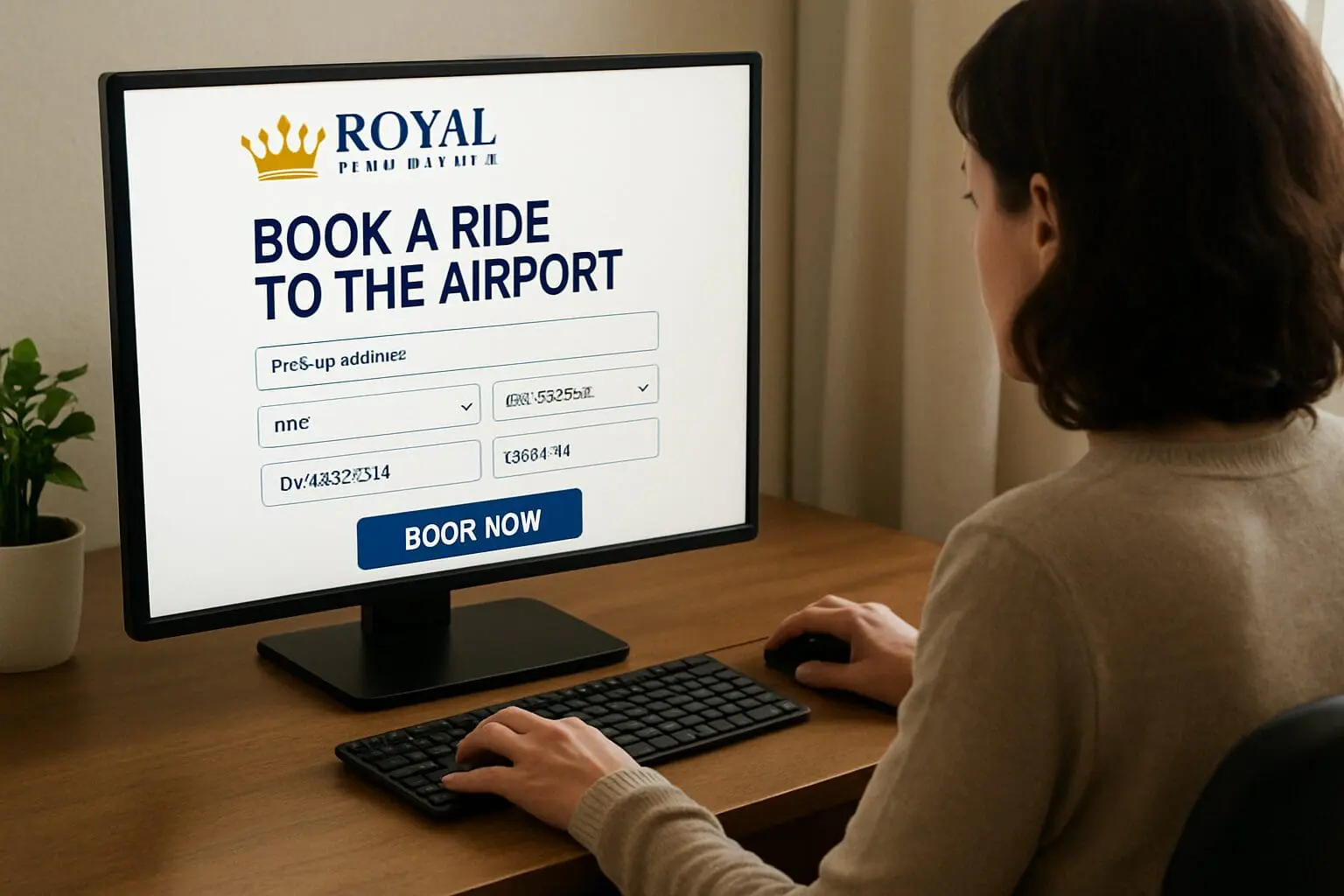 Royal airport car service - royal airport car service - nh - best rates for airport transfers Woman on computer booking a car to the airport for Royal Airport Service